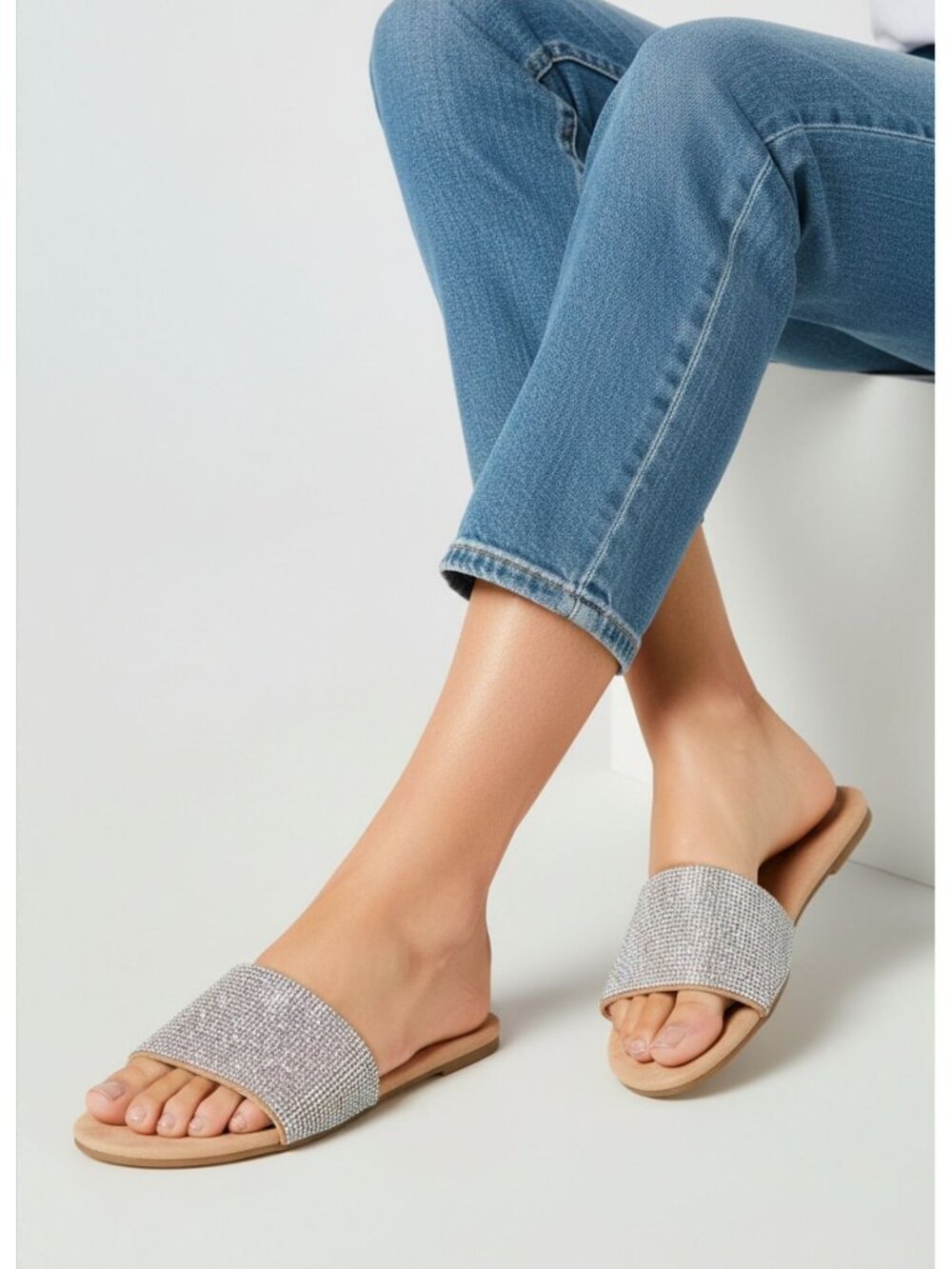 Rhinestone Embellished Slide Sandals For Women Shoe Republic LA  Sparkly Flat